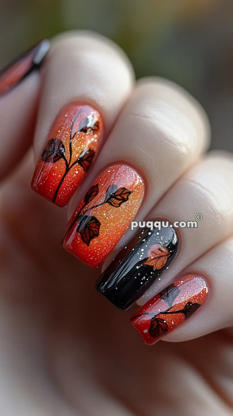 Close-up of hand with long nails featuring a fall-themed manicure in red, orange, and black gradient with glitter and leaf designs.