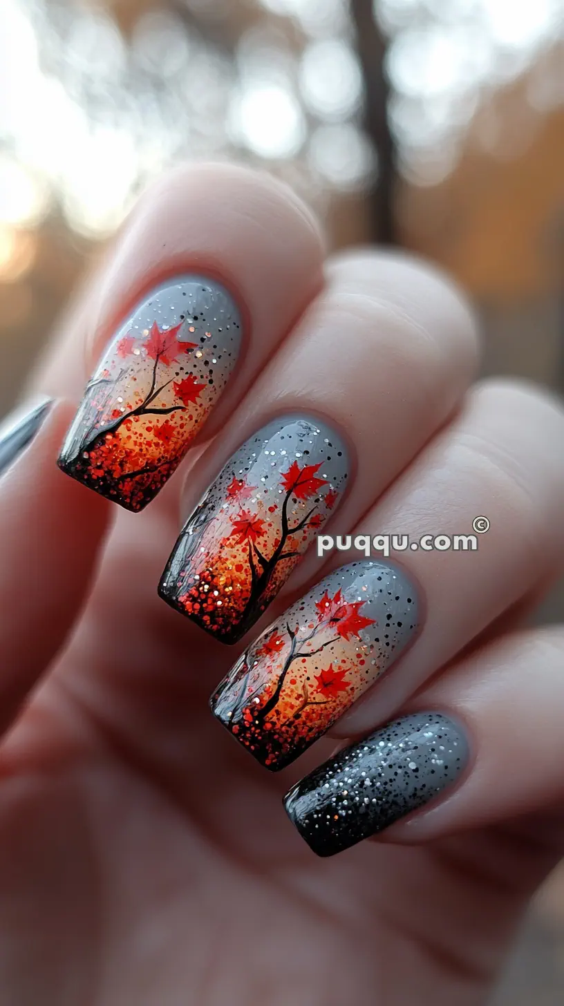 Nails with intricate autumn-themed nail art featuring orange and red leaves, dark tree branches, and gradient backgrounds with gray and orange hues.