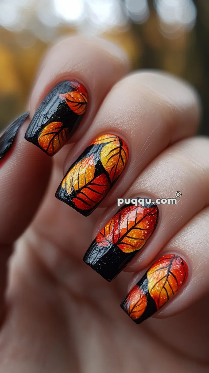 Nails with black, red, yellow, and orange gradient design featuring leaf patterns.