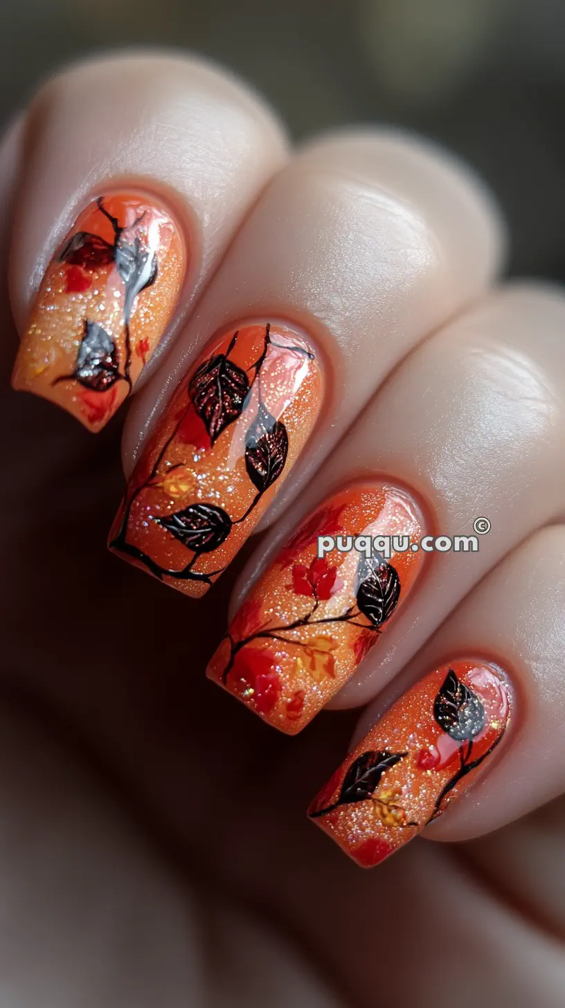 Close-up of fingernails with a glittery, autumn-themed nail art design featuring orange and gold hues, black branches, and dark leaves.