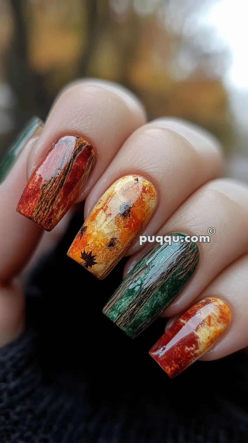 Close-up of a hand with autumn-themed nail art featuring a mix of red, orange, yellow, and green colors with tree and leaf patterns on long nails.