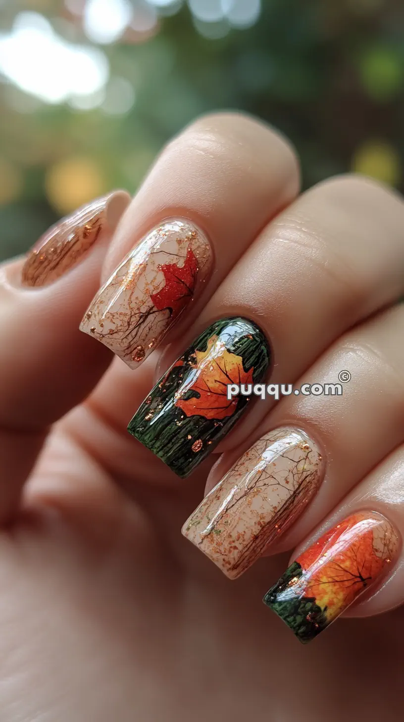 Autumn-themed nail art with intricate designs of leaves and branches in fall colors.