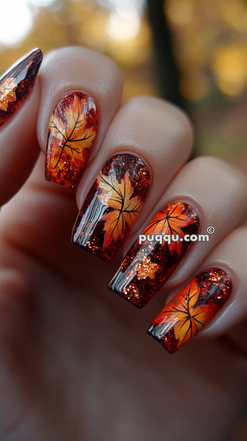 Close-up of nails with autumn-themed nail art featuring glittery red and orange gradient base with detailed maple leaves.