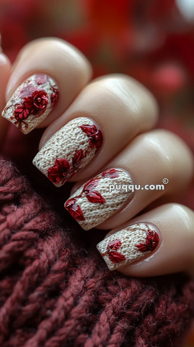 Close-up of fingernails with textured sweater-pattern nail art and red floral designs, with a maroon knitted fabric in the background.