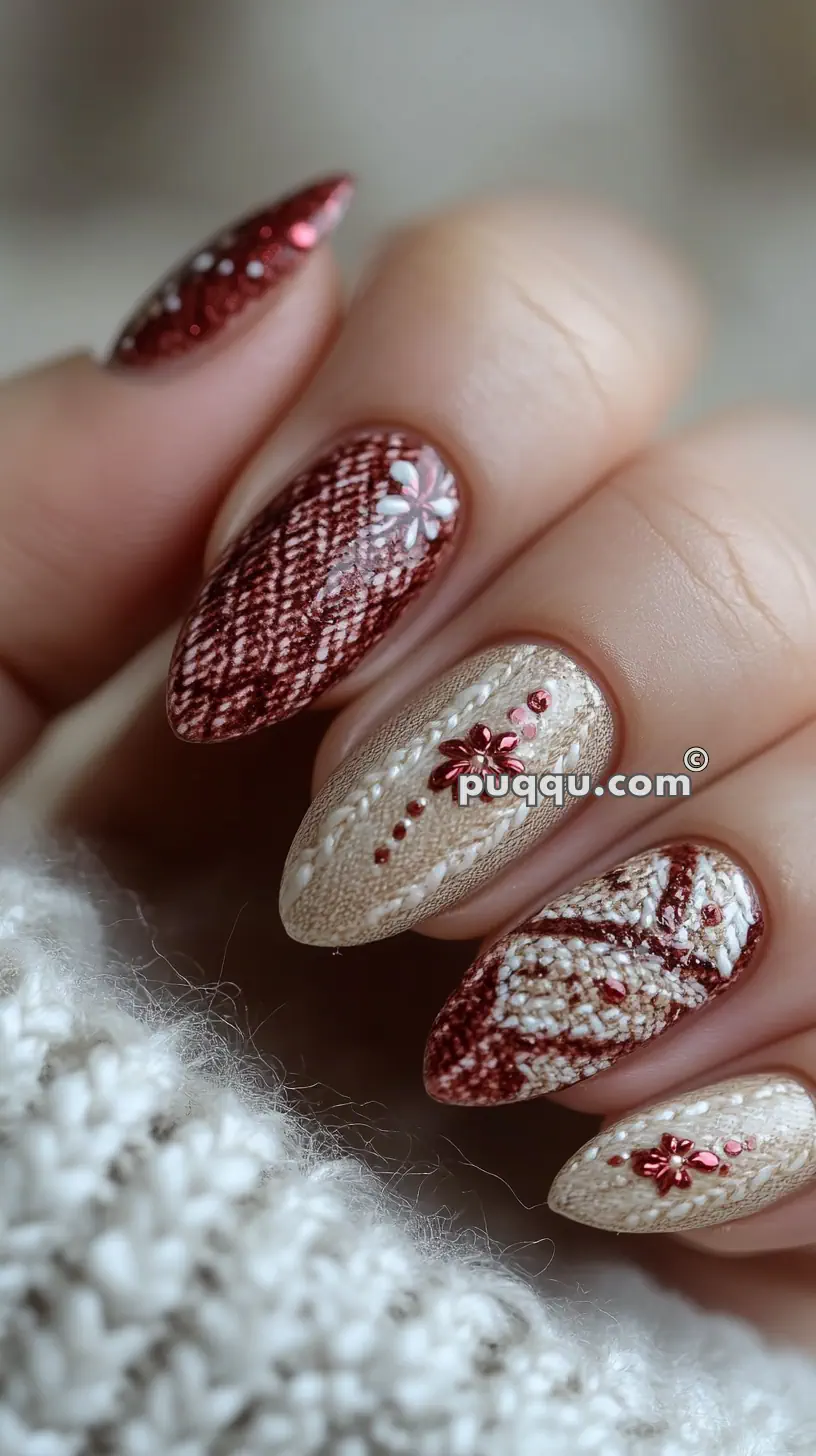 Close-up of hand with elaborately designed nails featuring warm red and beige colors, intricate floral patterns, and textured knit-inspired designs.