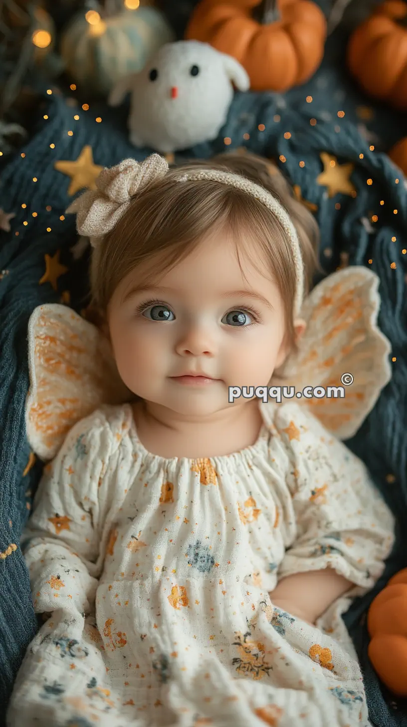 A baby girl with a headband and a dress decorated with stars and flowers, lying on a blanket with pumpkins and a small white stuffed toy in the background.