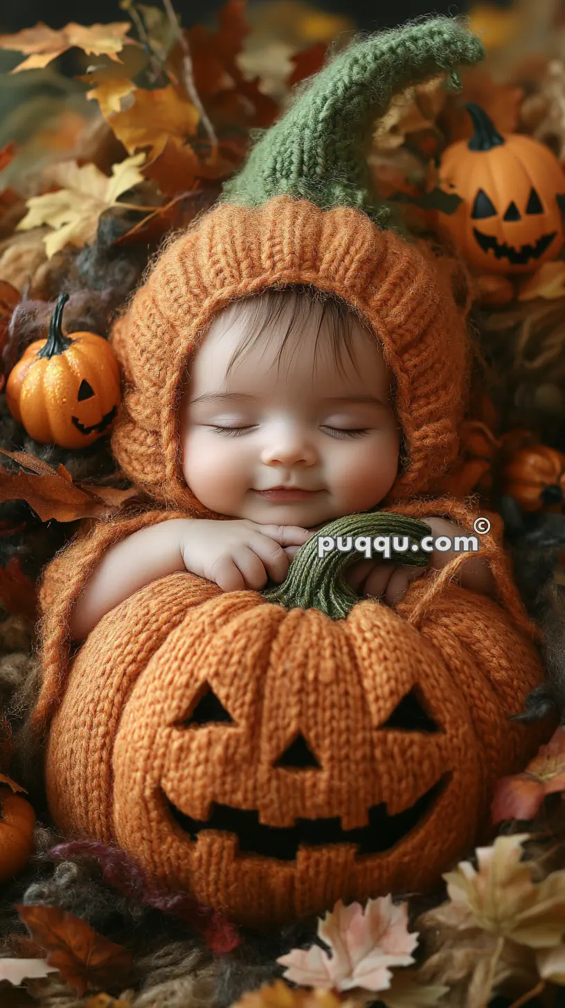 Baby dressed in a knitted pumpkin costume sleeping among autumn leaves and mini pumpkins.