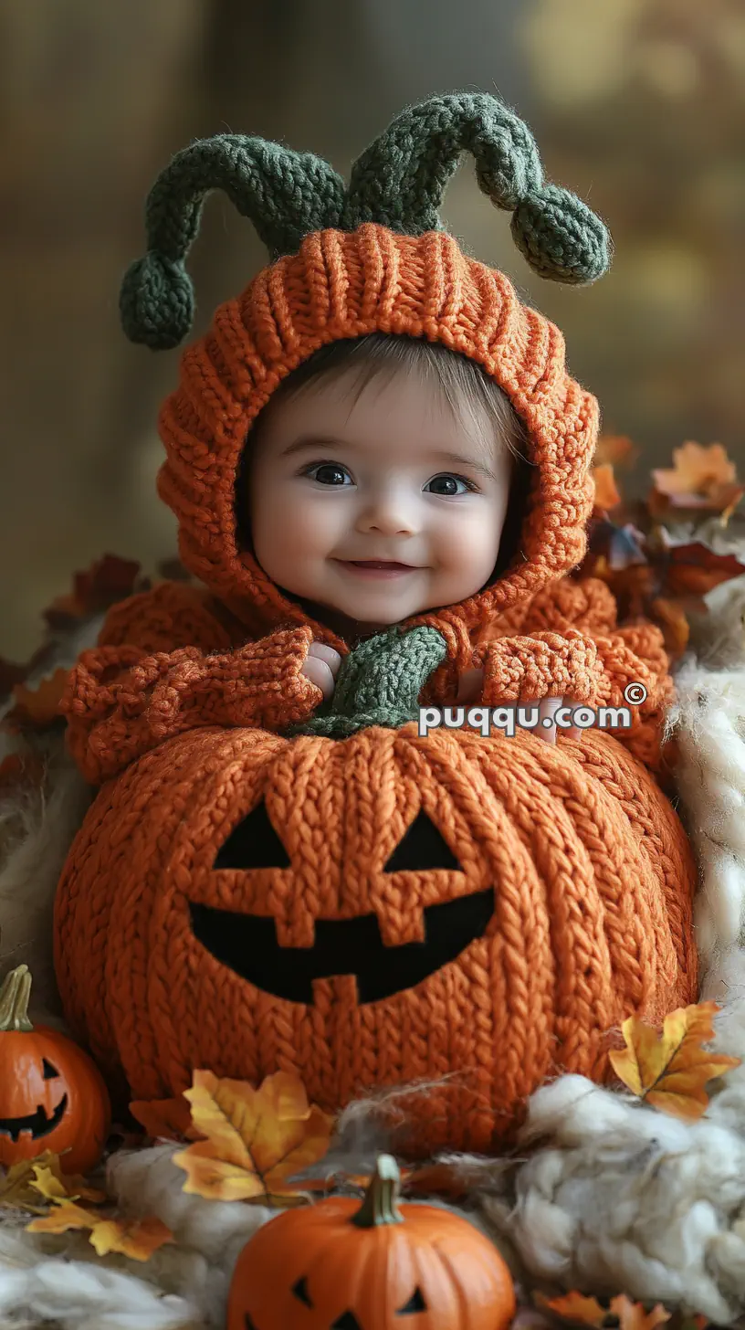 Baby dressed in a knitted pumpkin costume with a smiling face, surrounded by autumn leaves and pumpkin decorations.