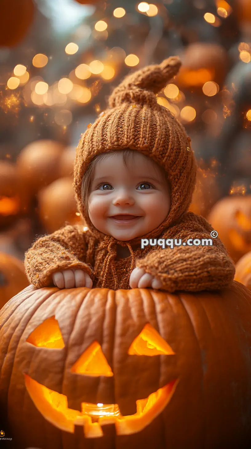 A smiling baby wearing a knit hat and sweater, leaning on a carved and lit jack-o'-lantern, surrounded by blurred lights and pumpkins.