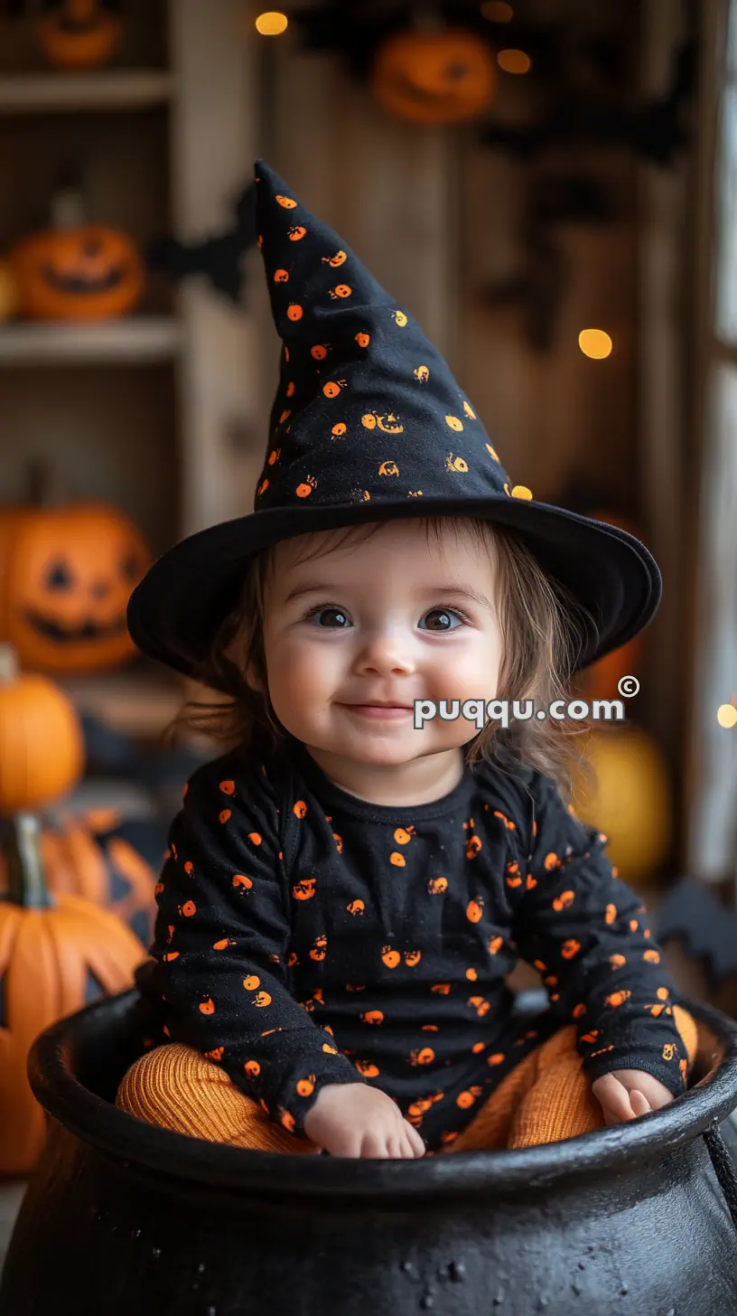 A young child dressed in Halloween-themed clothing and a witch hat, sitting inside a cauldron with pumpkins and Halloween decorations in the background.