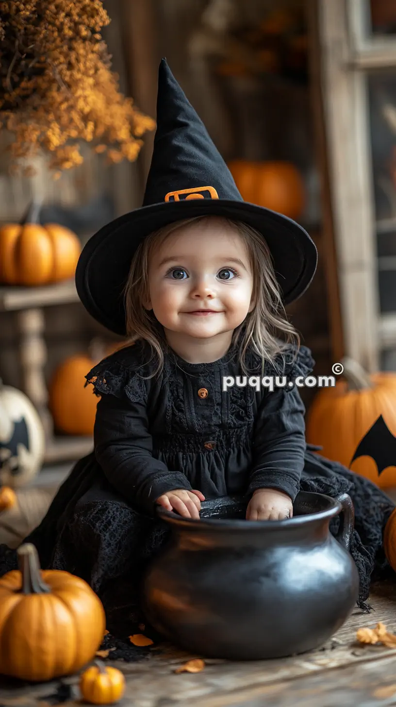 A young child dressed in a black witch costume with a tall pointed hat, sitting in front of a Halloween-themed background with pumpkins and holding a black cauldron.