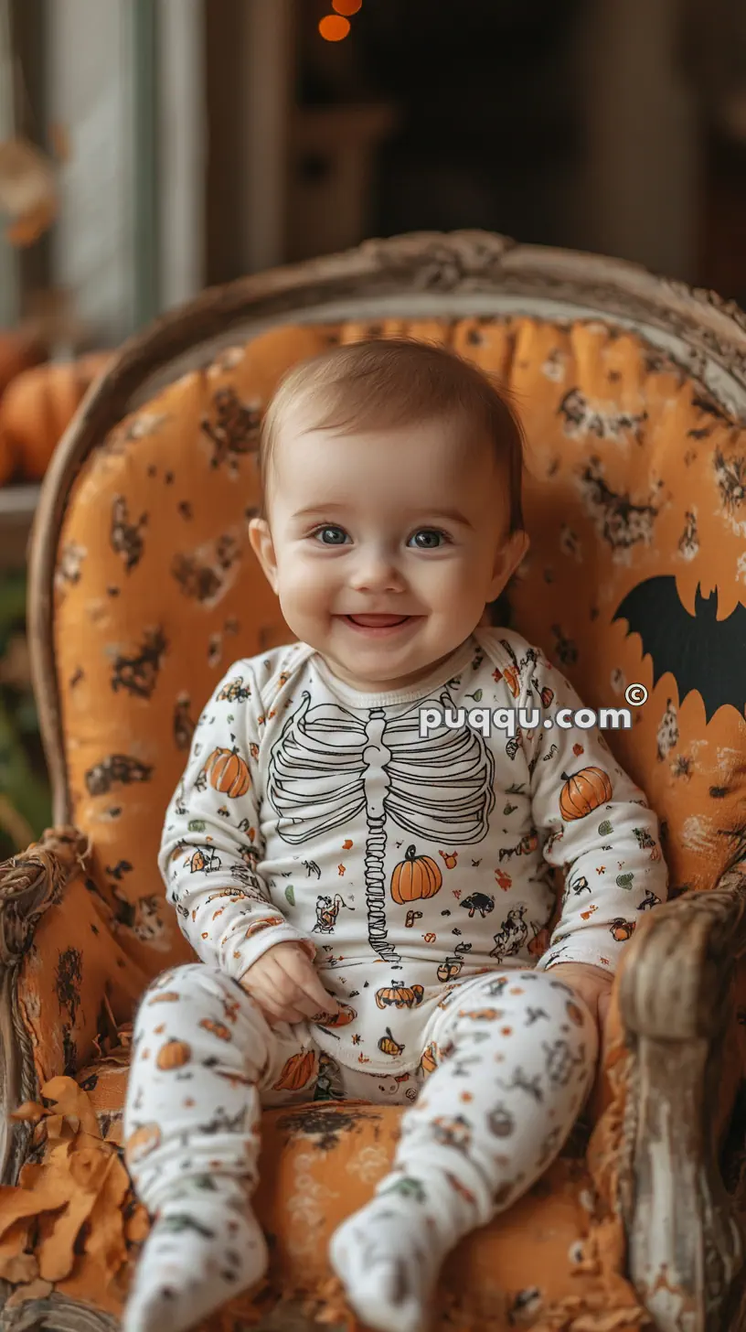 A baby wearing Halloween-themed pajamas with skeleton and pumpkin designs, sitting on an orange chair with bat decorations and smiling.