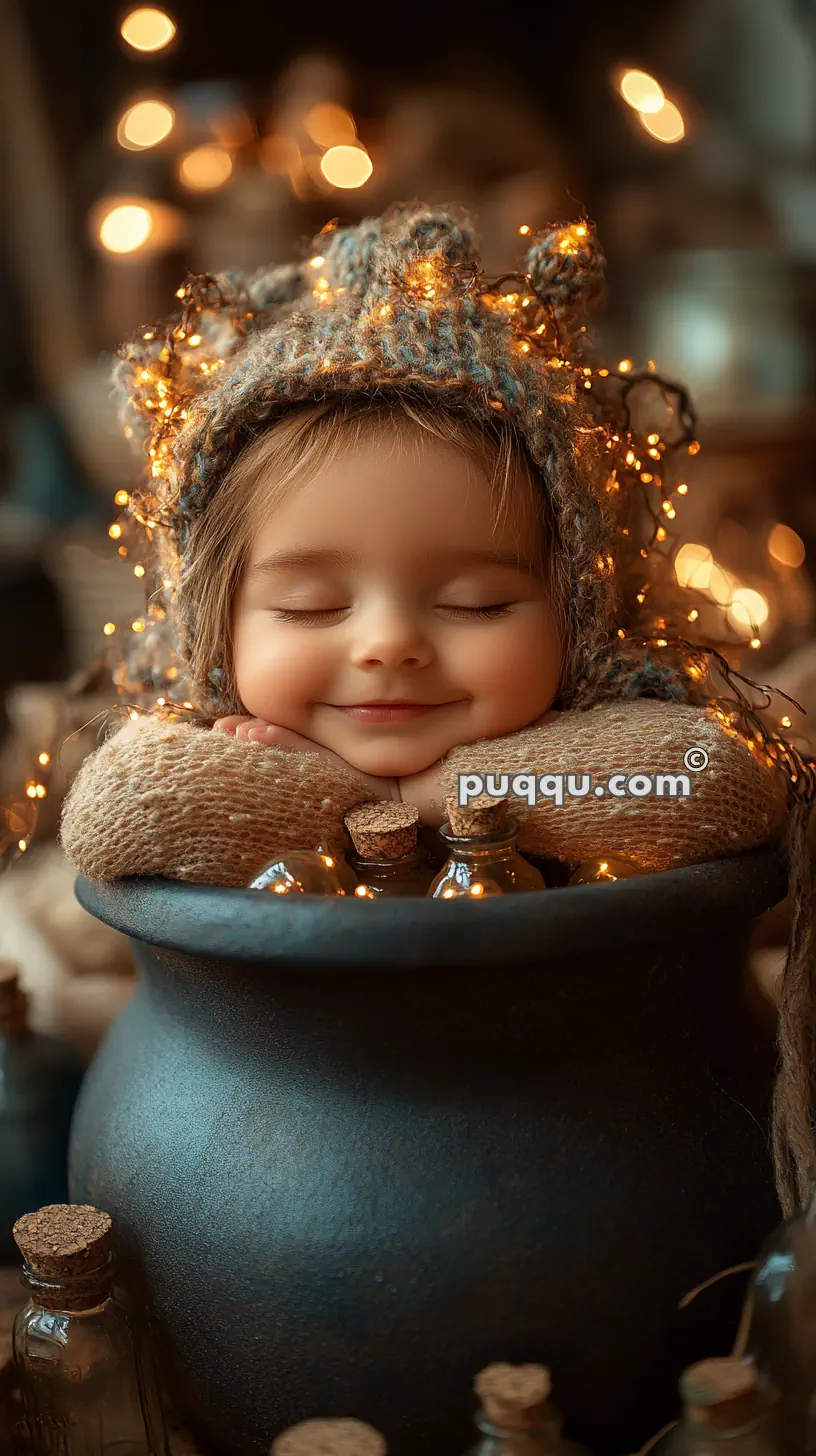 A smiling child with closed eyes, wearing a knitted hat adorned with fairy lights, rests their head on their arms inside a large cauldron, surrounded by small glass bottles with corks, against a dimly lit background.