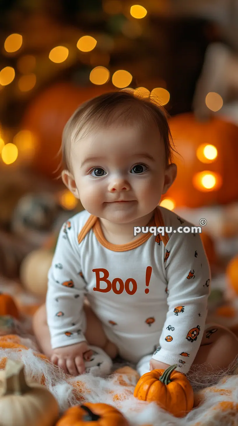 Baby wearing a Halloween-themed onesie, sitting among small pumpkins with blurred decorative lights in the background.