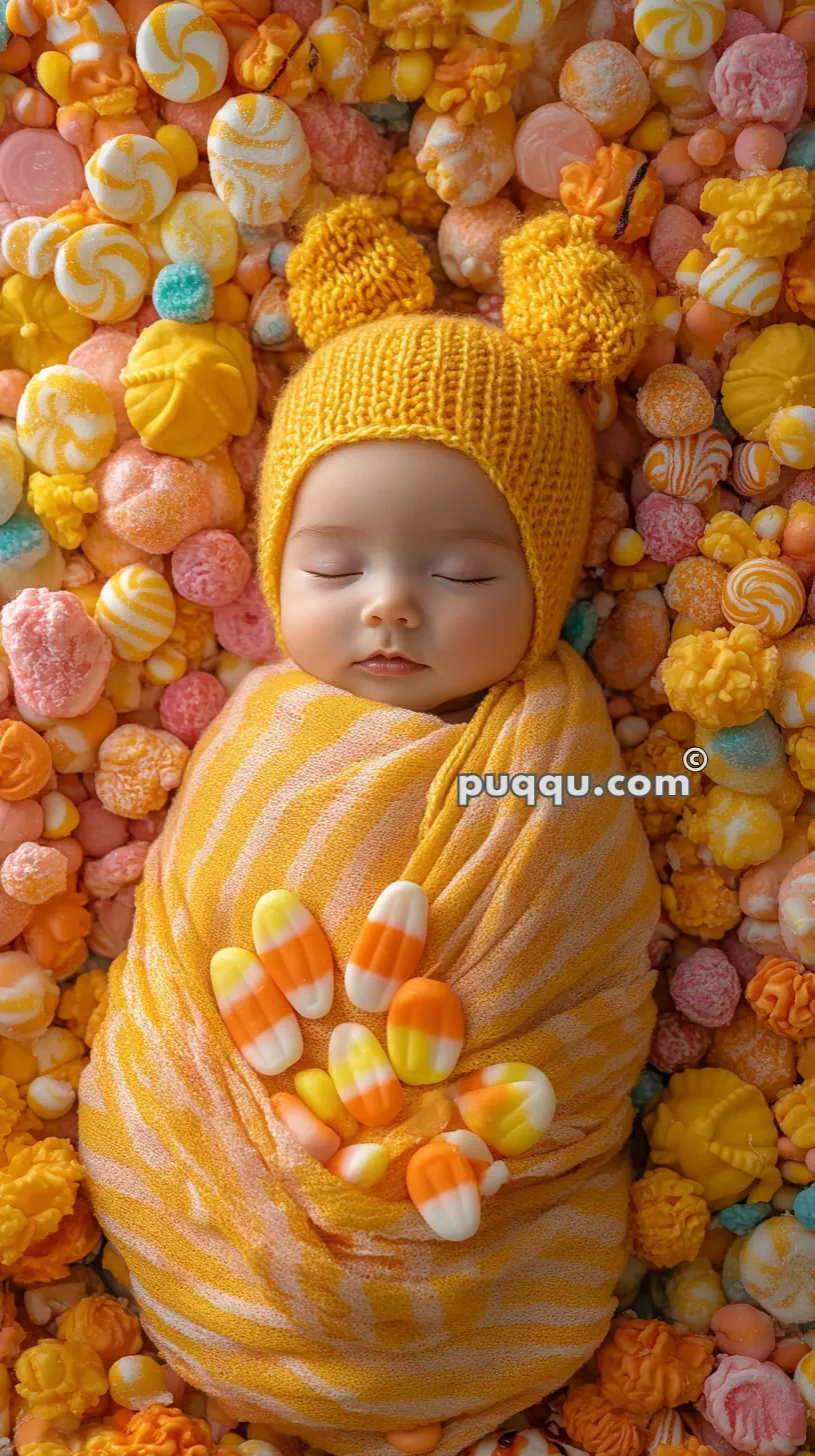 Baby wearing a yellow knit hat and wrapped in an orange striped cloth, surrounded by various colorful candies and popcorn.