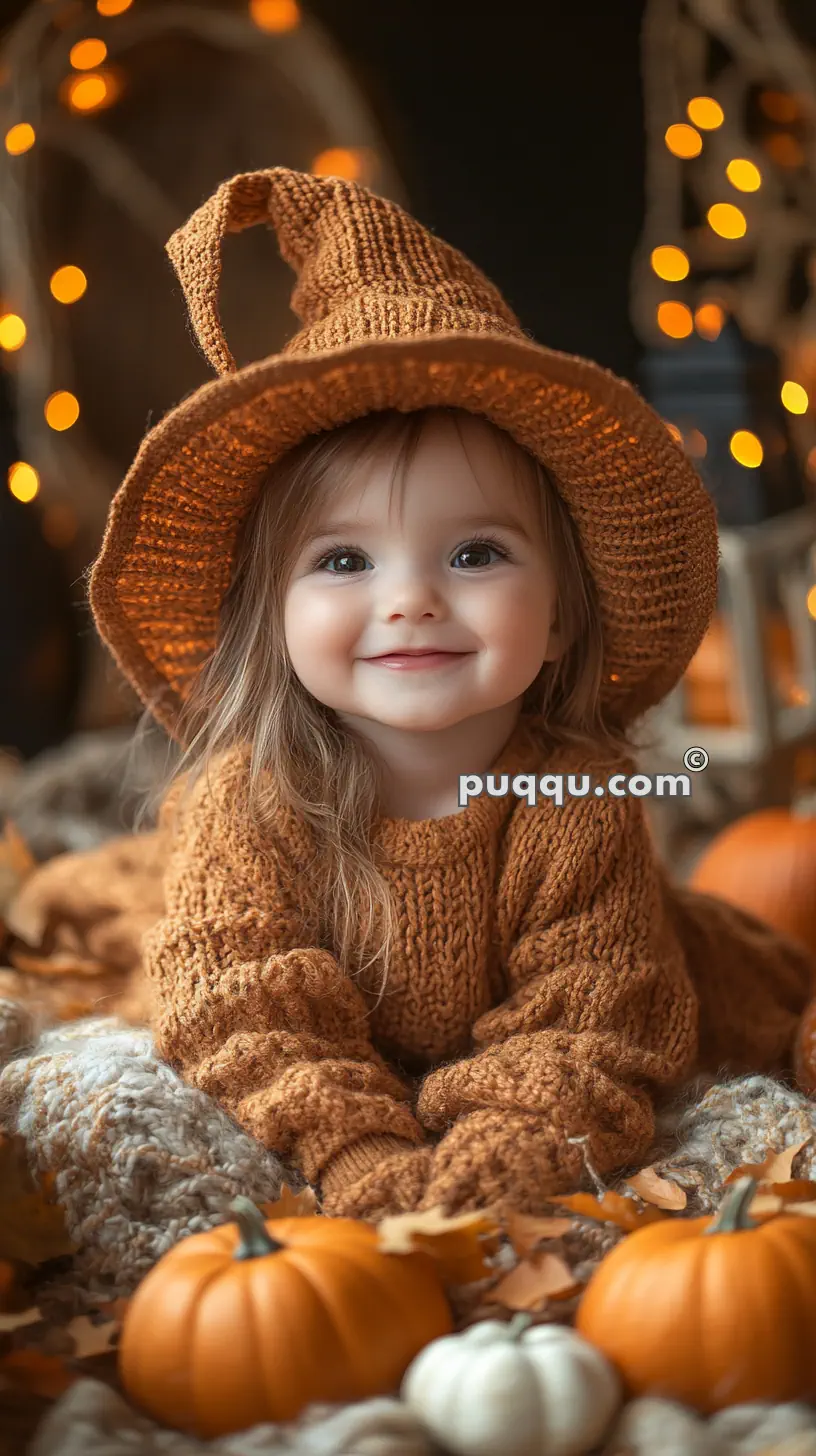 A smiling child wearing an oversized knitted hat and sweater, surrounded by small pumpkins and autumn decorations with glowing lights in the background.