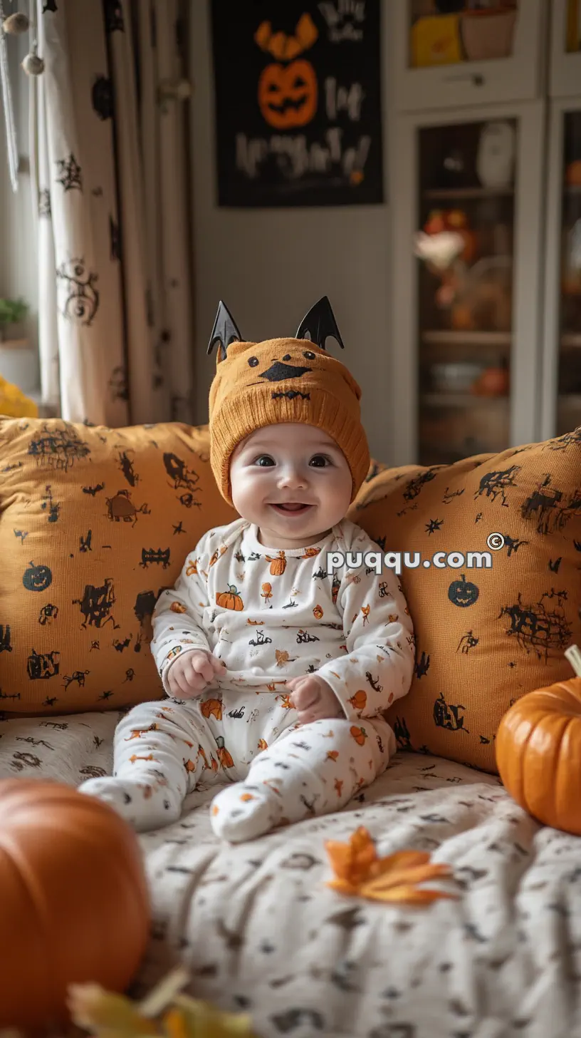 Baby dressed in Halloween-themed pajamas and a hat with bat ears, sitting on a bed with pumpkin-patterned pillows and decorations.