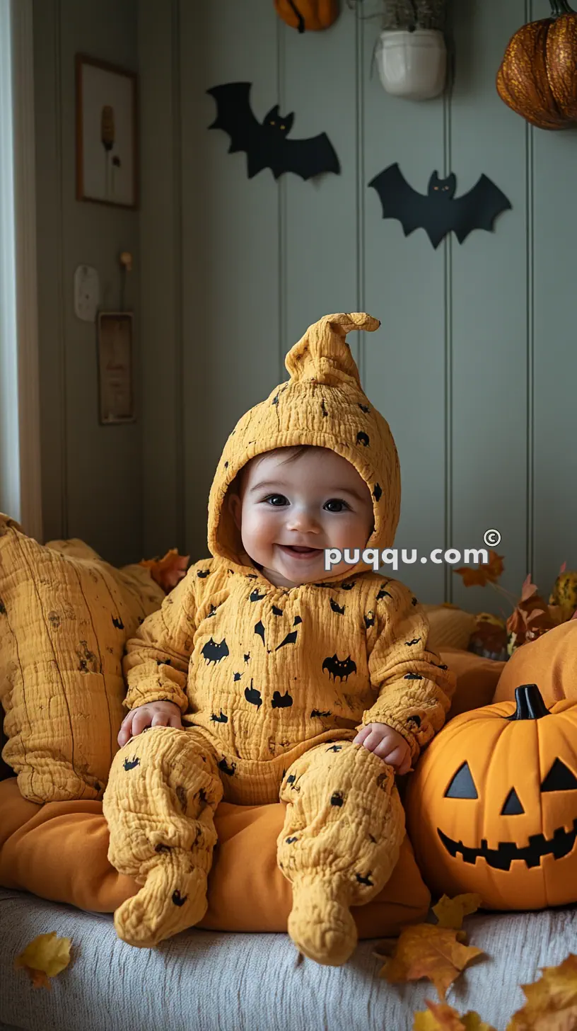 Baby in a yellow Halloween-themed outfit with bat and pumpkin patterns, sitting on a couch with a carved pumpkin and Halloween decorations in the background.