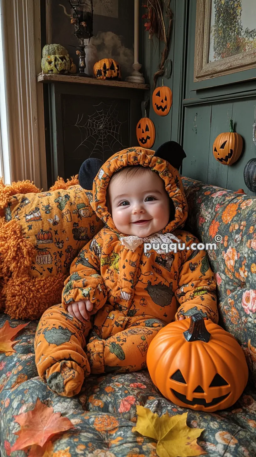 Baby in an orange onesie with animal and Halloween prints, sitting on a festive couch holding a pumpkin, surrounded by Halloween decorations including jack-o'-lanterns and spider webs.