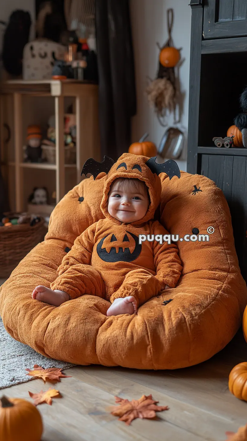 A baby dressed in an orange pumpkin costume sits on an orange pumpkin-shaped cushion with bat wings, smiling. The scene is decorated for Halloween with pumpkins and autumn leaves.