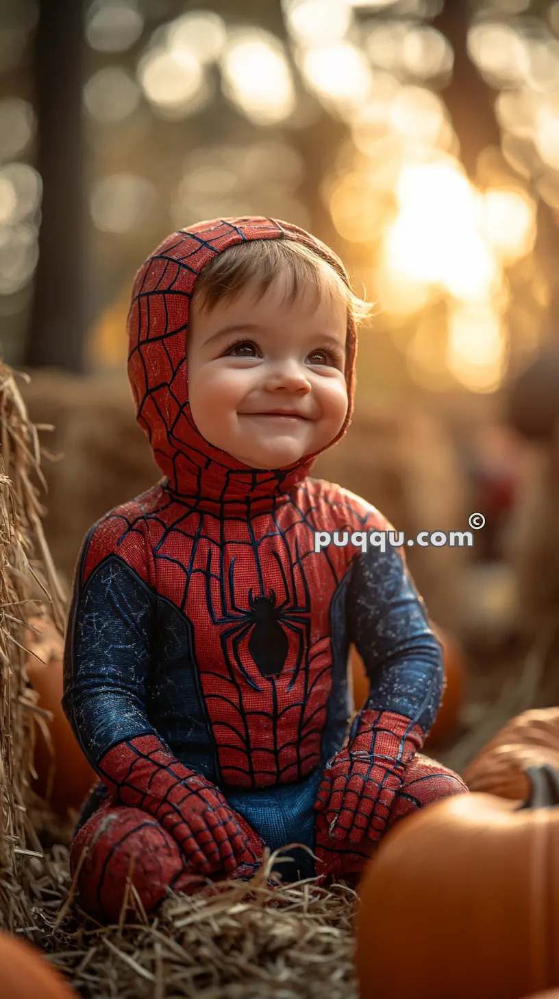 A smiling baby in a Spider-Man costume sits on hay, surrounded by pumpkins, with a soft-focus background of warm, golden light from a sunset or sunrise.