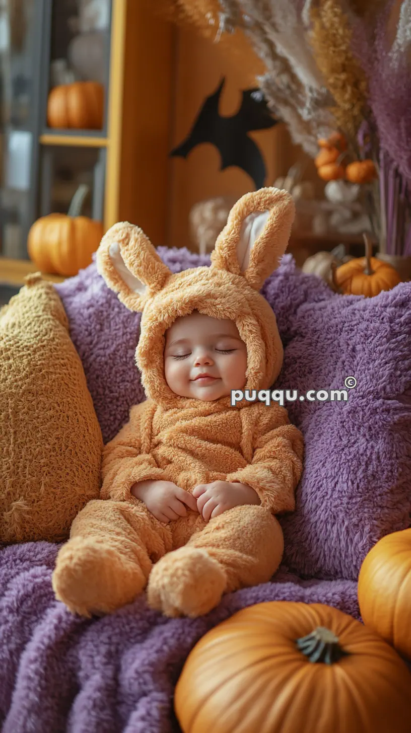 Baby wearing a fuzzy bunny costume sleeps on a purple blanket surrounded by pumpkins and autumn decor.