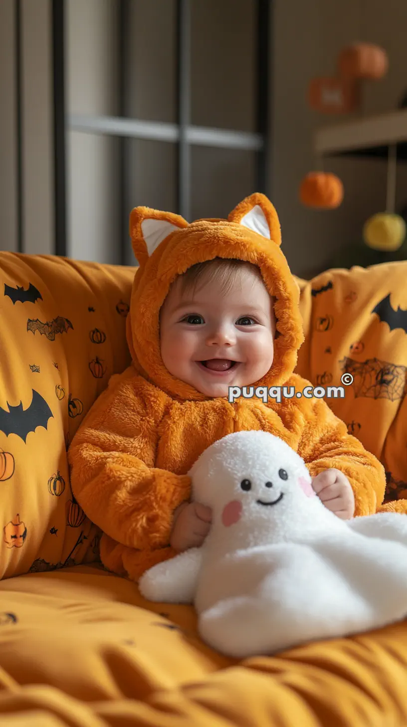 A baby in an orange, fuzzy Halloween costume with cat ears sits on a decorated couch and happily holds a plush ghost toy.