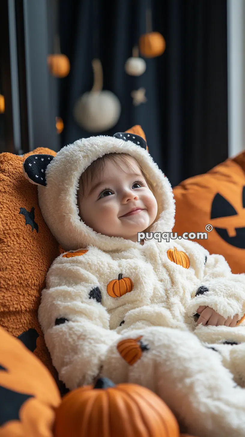 Baby in a cozy pumpkin-themed costume, surrounded by pumpkin and Halloween decorations.