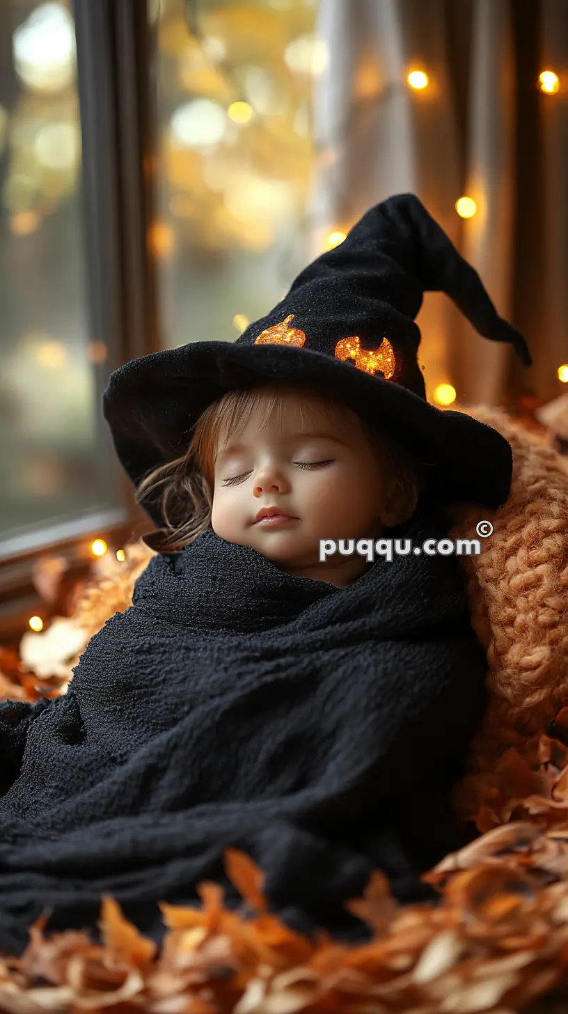 A sleeping baby wrapped in a black blanket, wearing a black witch hat with glowing pumpkin designs, with cozy lighting in the background.