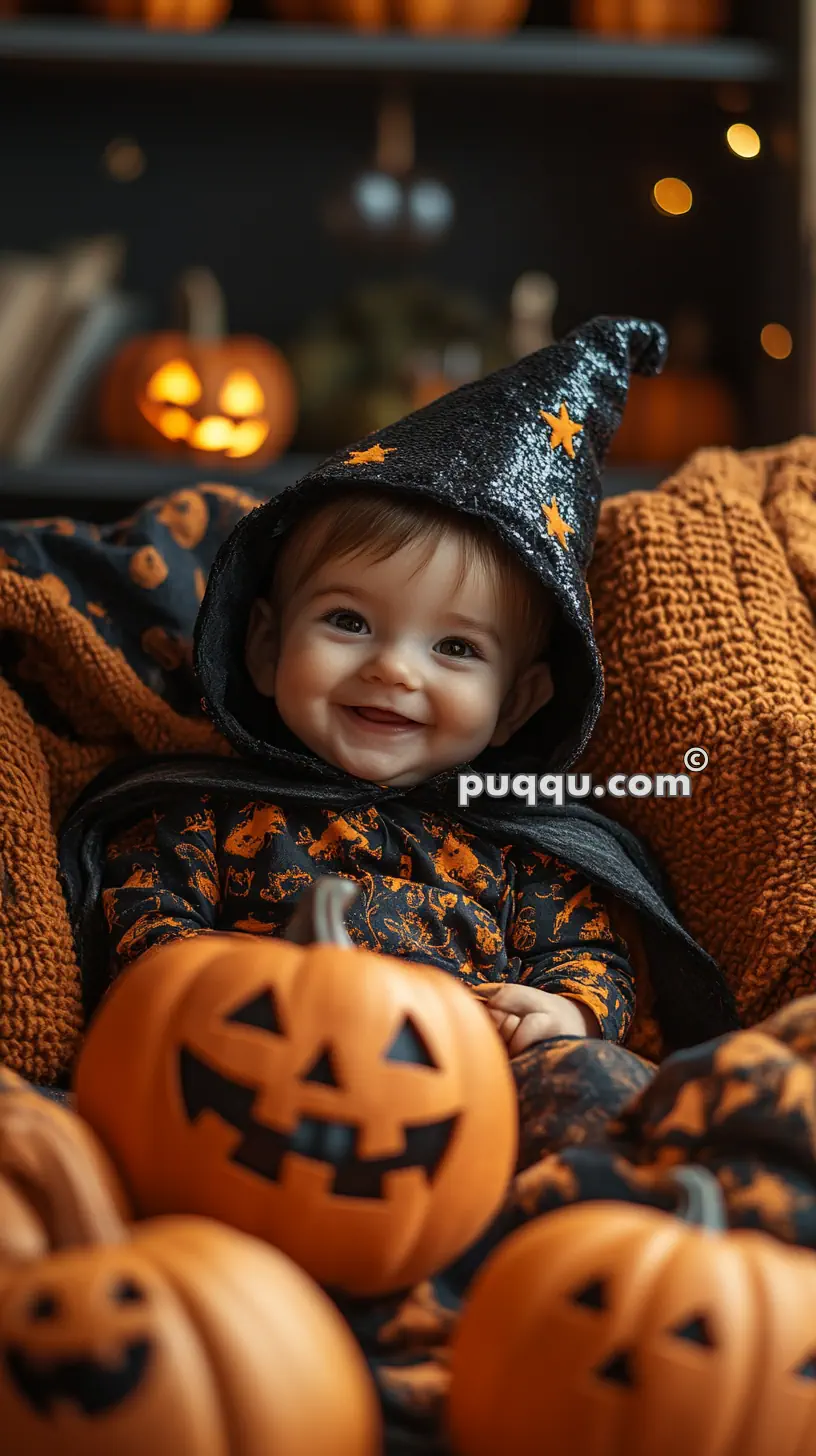 Baby dressed in Halloween-themed clothes and a pointy hat, surrounded by carved pumpkins.