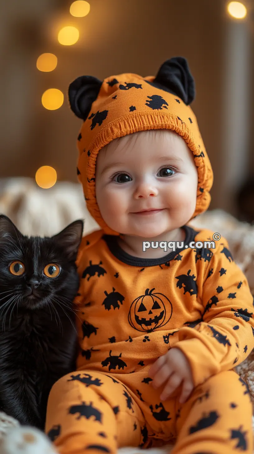 A baby wearing an orange Halloween-themed outfit with black bats and pumpkins, sitting next to a black kitten with orange eyes.