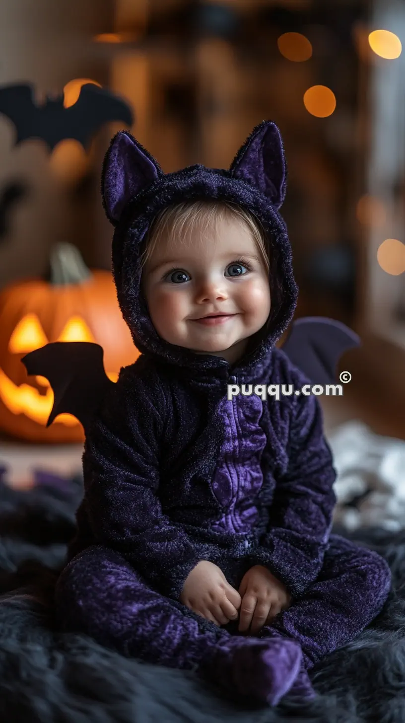 A baby dressed in a purple bat costume, sitting in front of a carved pumpkin with a bat decoration in the background.