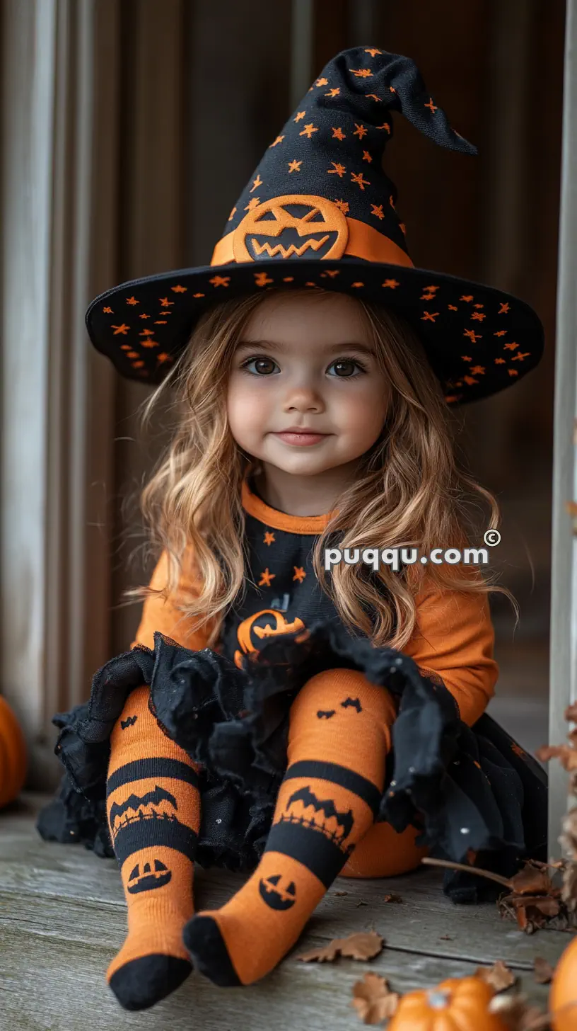 A little girl in Halloween-themed clothing, wearing an orange and black witch hat with star patterns, and orange tights with pumpkin designs, sitting on a wooden surface surrounded by small pumpkins.