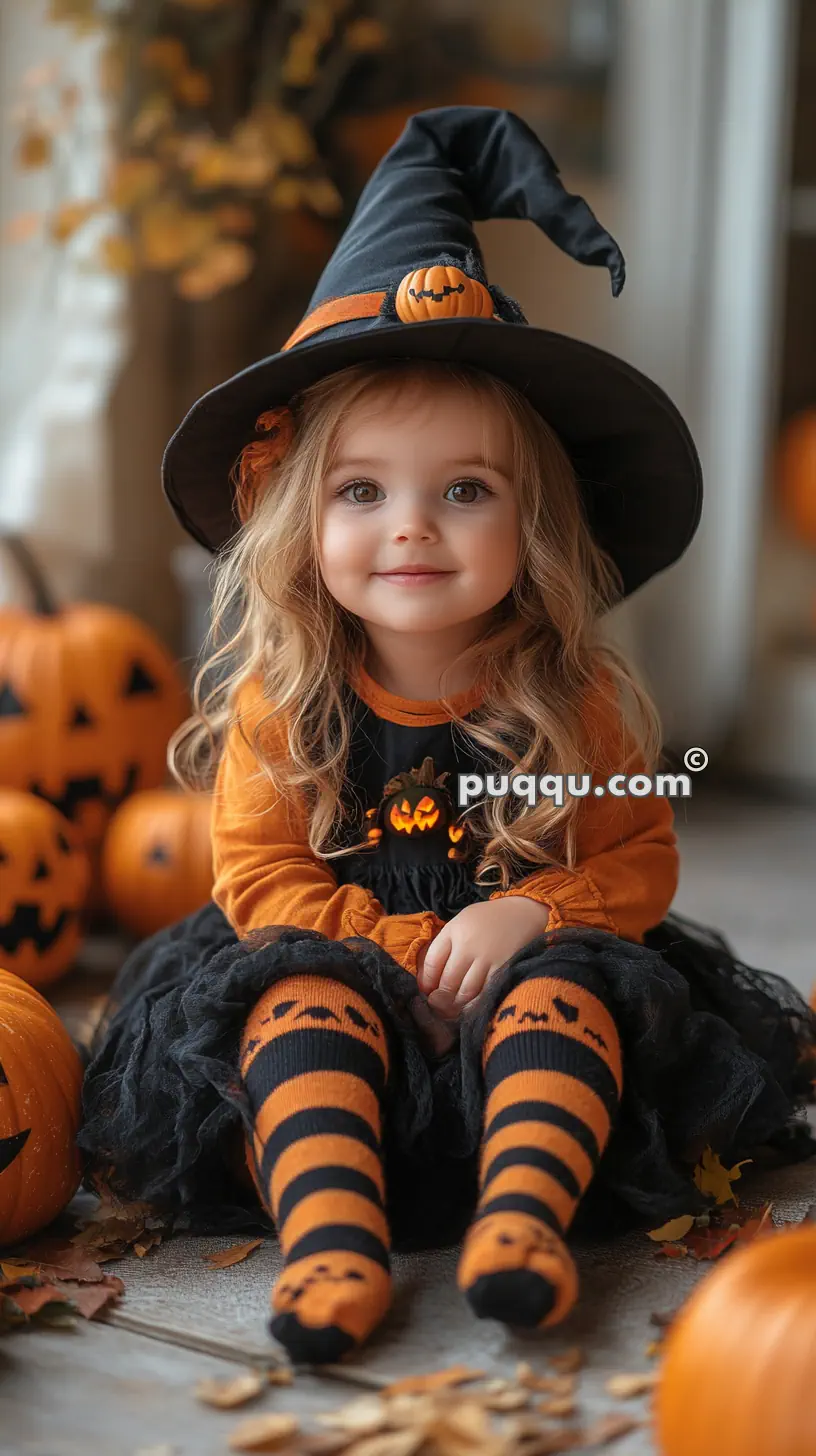 A young child dressed in a Halloween witch costume, featuring a black hat with a pumpkin decoration, an orange and black dress, and striped orange and black socks. The child is surrounded by carved pumpkins.