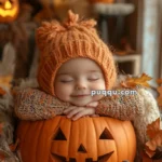 Baby wearing an orange knitted hat and sweater, resting inside a carved pumpkin surrounded by autumn leaves and Halloween decorations.