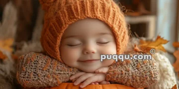 Baby wearing an orange knitted hat and sweater, resting inside a carved pumpkin surrounded by autumn leaves and Halloween decorations.