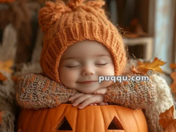 Baby wearing an orange knitted hat and sweater, resting inside a carved pumpkin surrounded by autumn leaves and Halloween decorations.