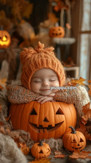 Baby wearing an orange knitted hat and sweater, resting inside a carved pumpkin surrounded by autumn leaves and Halloween decorations.