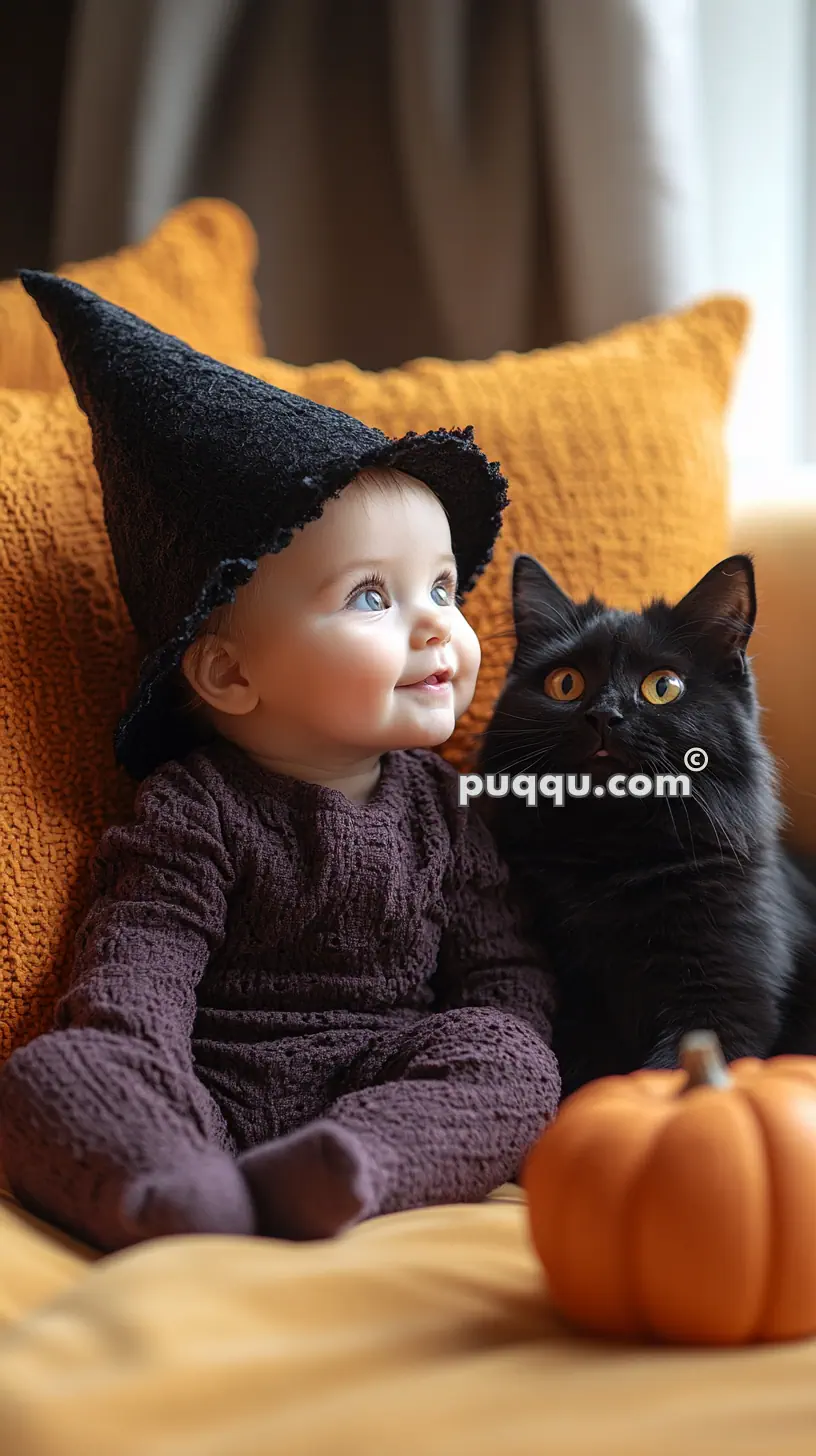 A baby wearing a black witch hat and dark outfit sits next to a black cat with wide eyes, with a small pumpkin in the foreground.