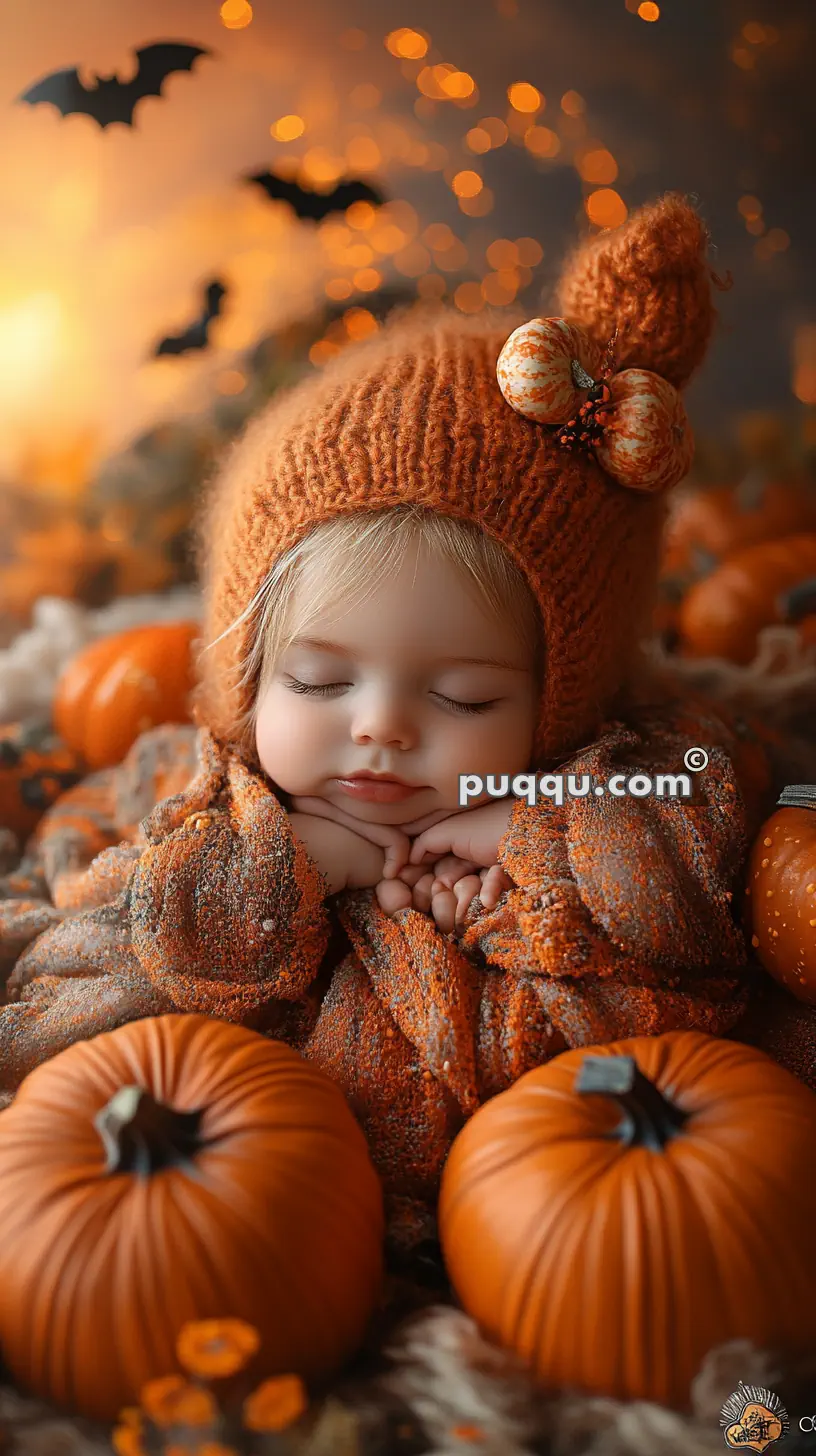 A baby wearing an orange knit hat and matching outfit sleeps peacefully among pumpkins, with Halloween-themed decorations including bats in the background.