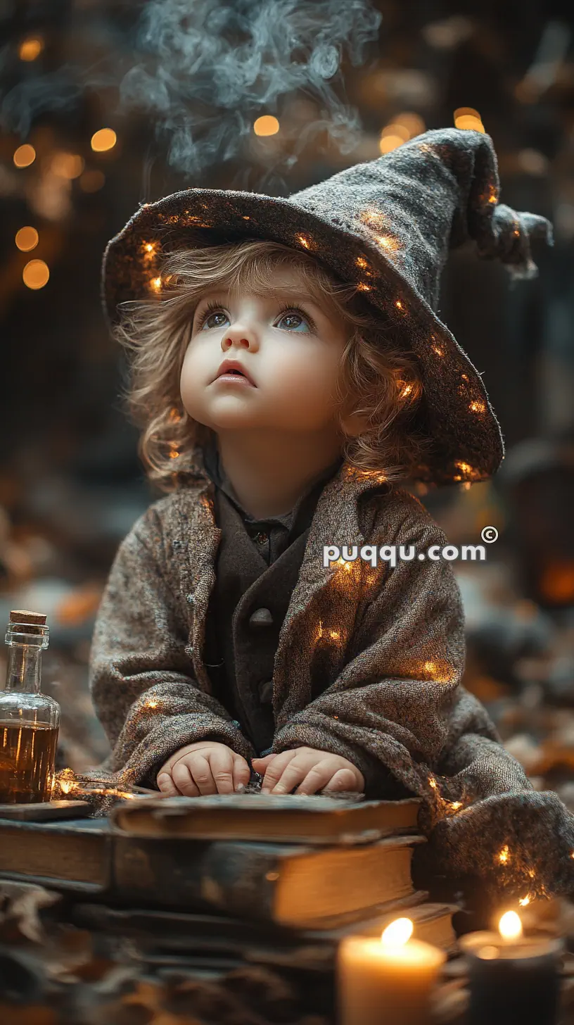 Young child in a wizard costume, including a pointed hat, surrounded by books, a potion bottle, and candles, looking upwards with a curious expression.