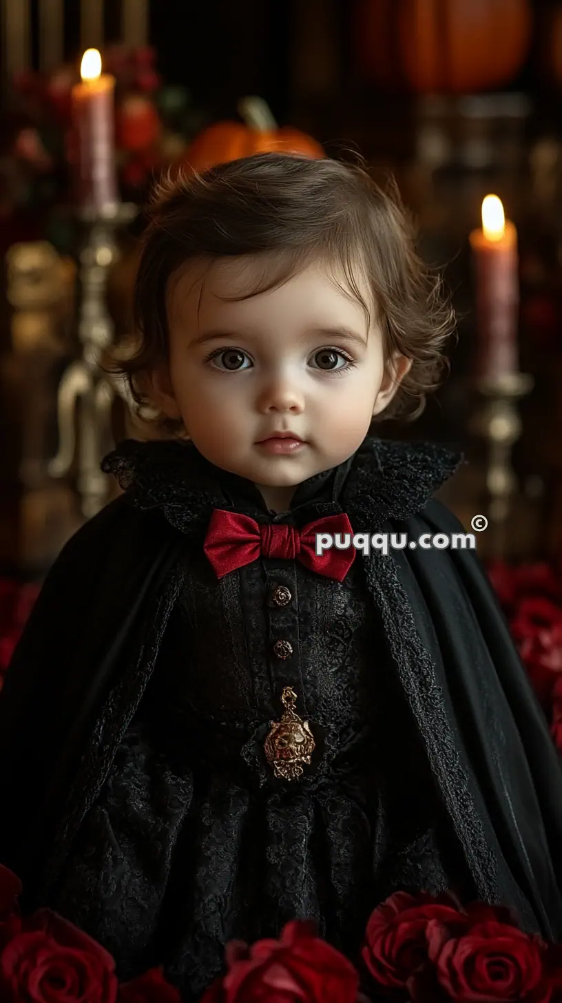 A young child dressed in a black lace outfit with a red bow tie, surrounded by red roses and candles in the background.