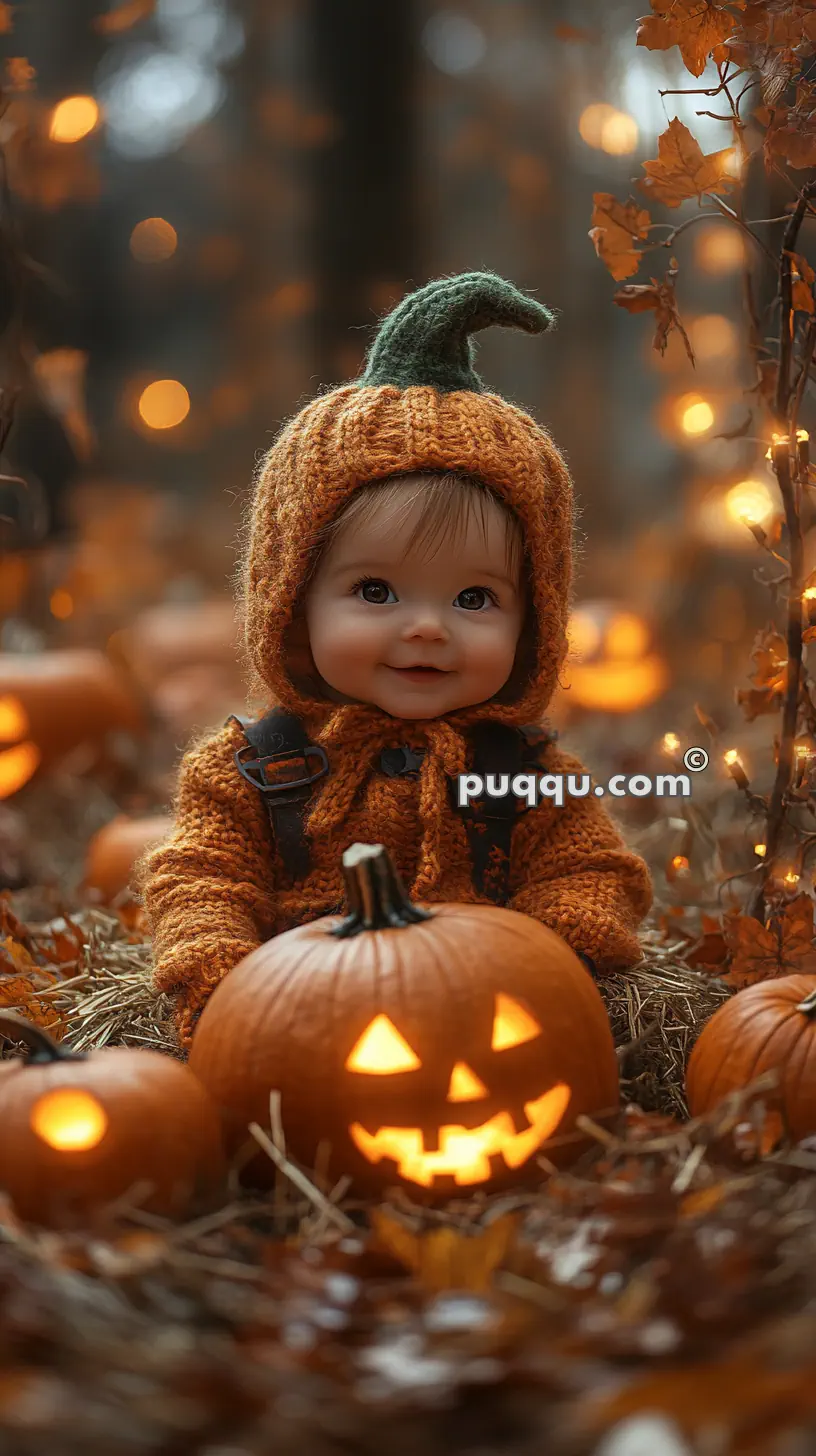 A baby in an orange knit pumpkin costume sits among carved, glowing Halloween pumpkins in a forest setting.