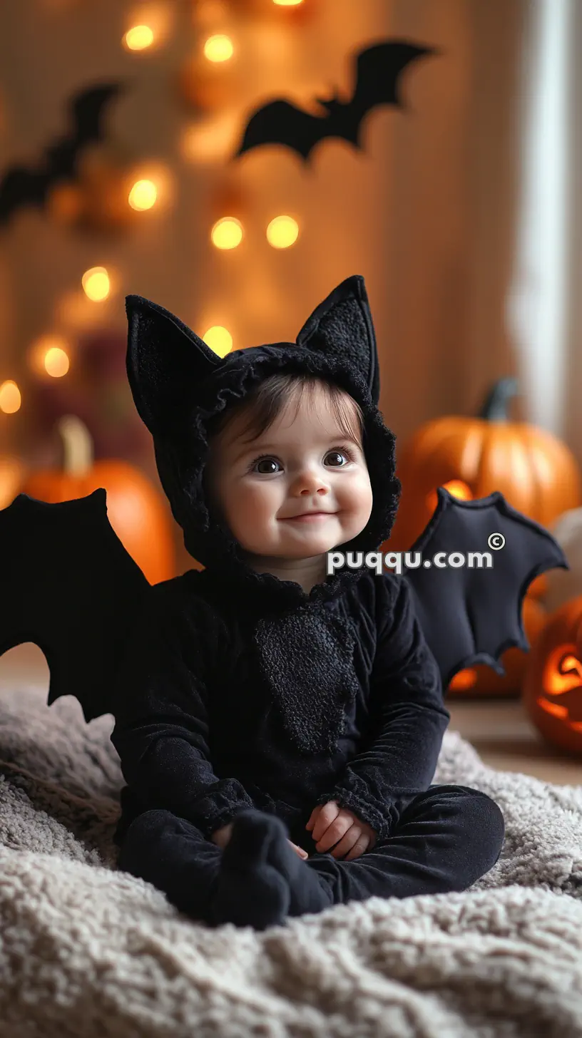 Baby dressed in a black bat costume, sitting on a fluffy blanket with Halloween pumpkins and bat decorations in the background.