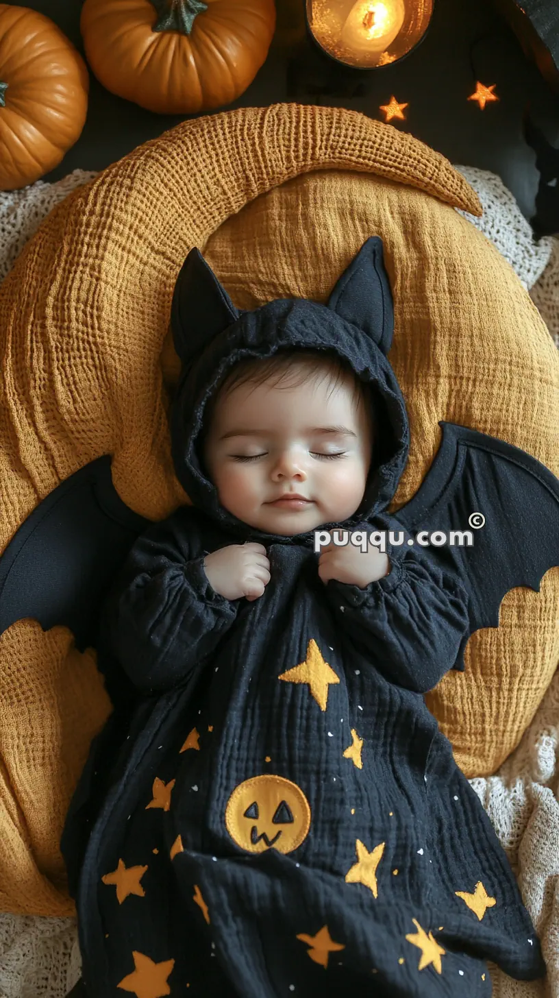 Baby dressed in a bat-themed costume with a pumpkin design, sleeping on a yellow crescent moon pillow, surrounded by Halloween decorations including pumpkins and a flickering candle.