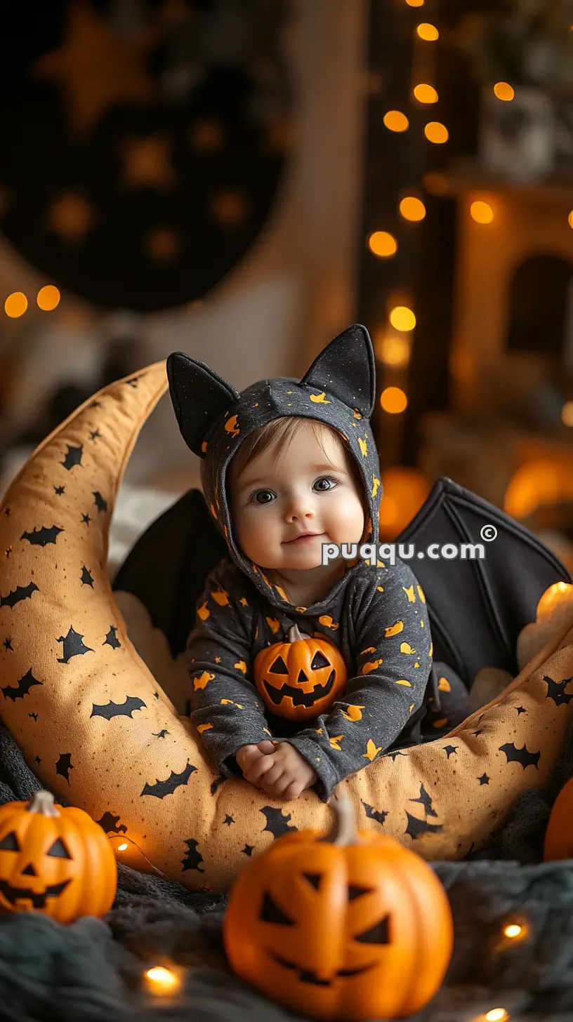 Baby in a Halloween-themed outfit with bat ears and wings, sitting on a crescent moon pillow decorated with bats, surrounded by jack-o'-lanterns and fairy lights.