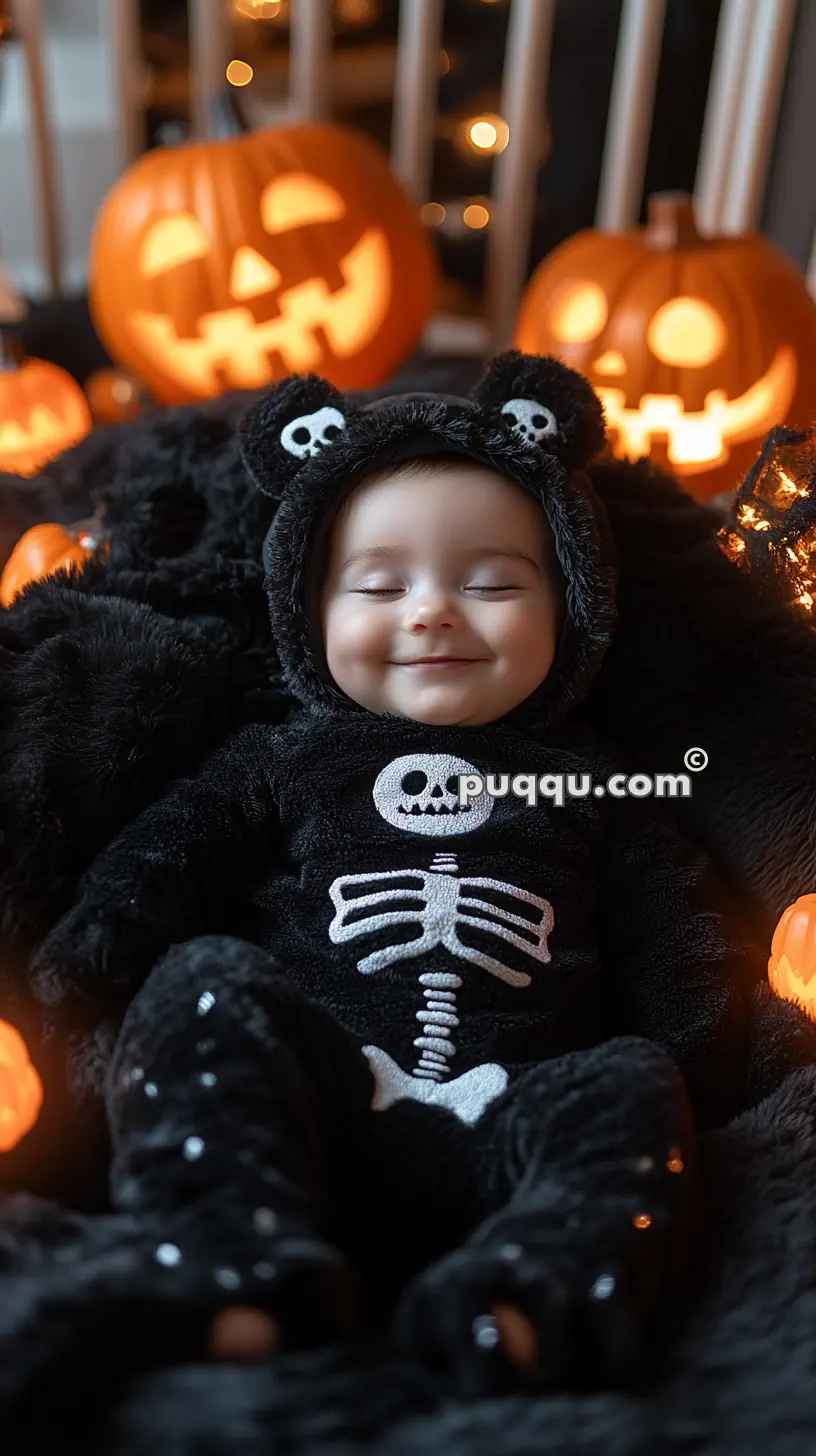 Baby in a bear costume with skeleton print, surrounded by lit jack-o'-lanterns.