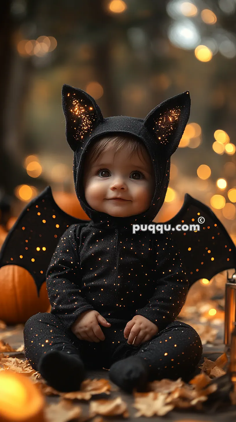 Baby wearing a glittery bat costume and smiling while sitting amid autumn leaves and pumpkins.