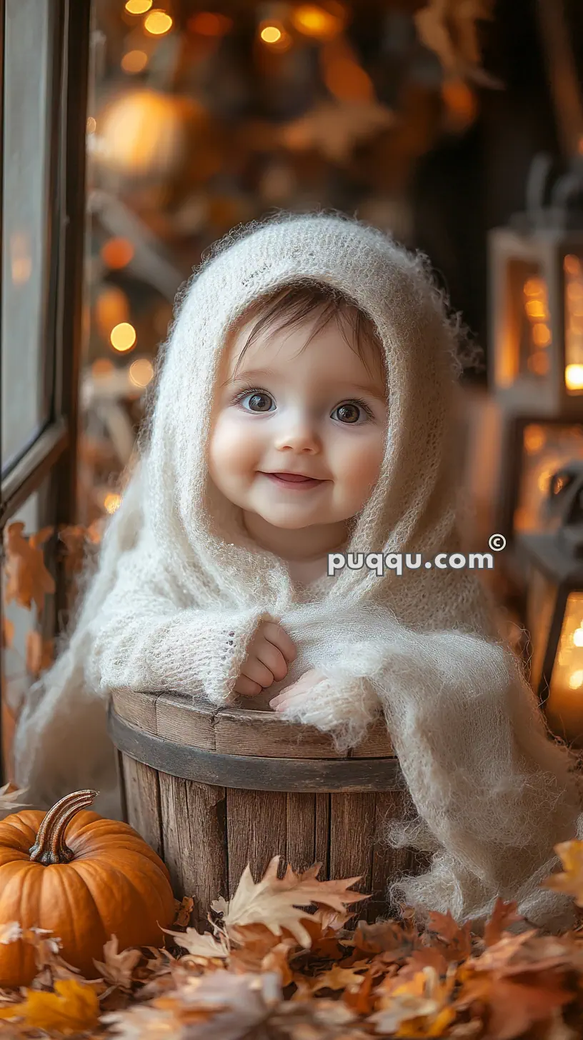 A baby in a white knitted blanket sits in a wooden bucket surrounded by autumn leaves and a small pumpkin, with soft glowing lights in the background.