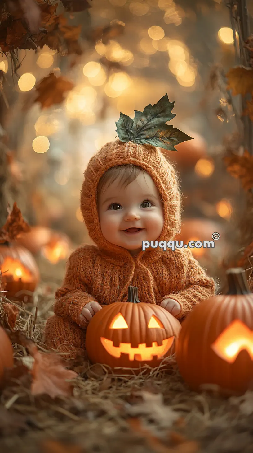 Baby in an orange knitted pumpkin costume sitting among carved jack-o'-lanterns with a bokeh background.